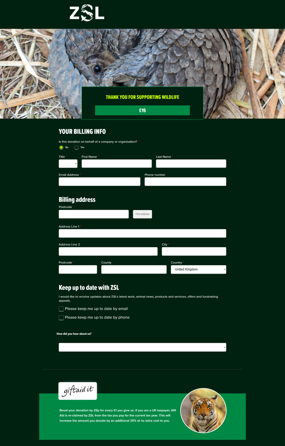 ZSL donate billing info screenshot